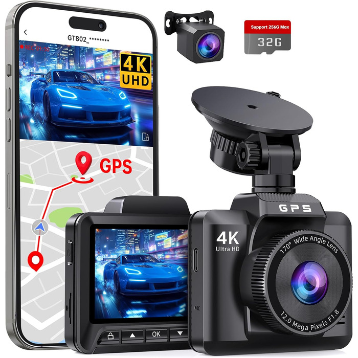 Відеореєстратор Auto Dashcam 4K+1080P з GPS, WiFi, паркуванням, подвійний об'єктив, 32GB карта пам'яті, 170° кут огляду, Super нічне бачення, G-сенсор, циклічна запис, керування через APP, Max 256GB, чорний