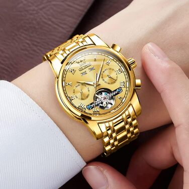 Чоловічий годинник OLEVS Automatik з турбійоном, календар, чорний, золотий, водостійкий, світловий, двоколірний | Механічний годинник для чоловіків