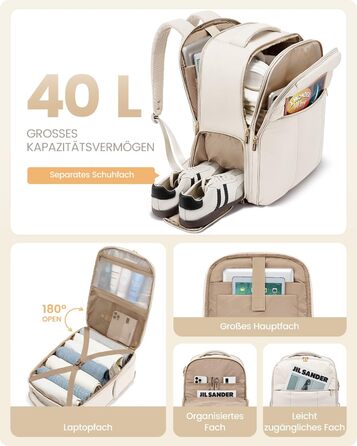 Рюкзак для ручної поклажі OVEVOOK для жінок, 40 л, для подорожей, з відділенням для взуття, для ноутбука 17 дюймів, водонепроникний, для бізнес-поїздок та вихідних (білий, L)