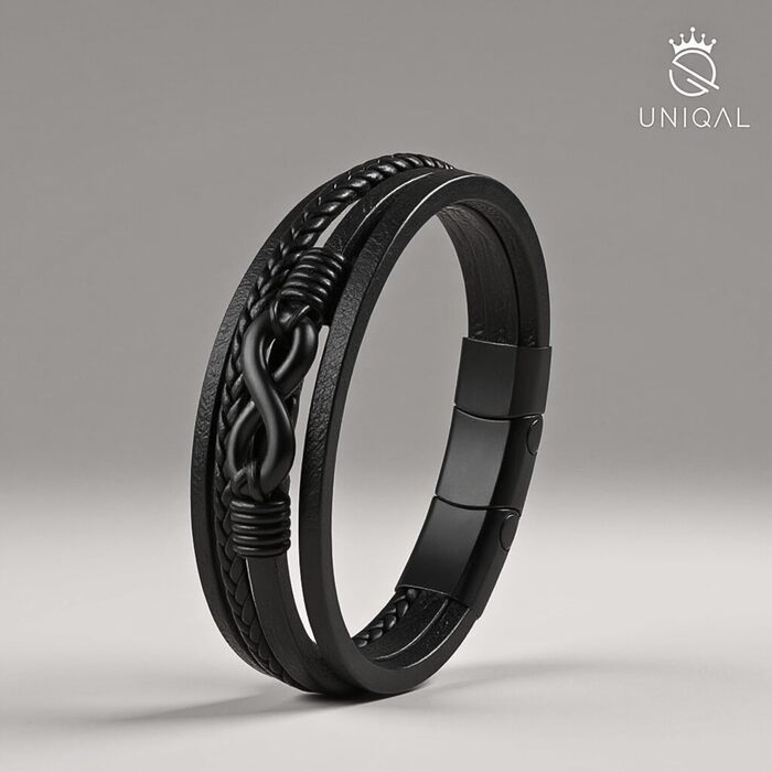 Браслет шкіряний UNIQAL 'ETERNAL' Нескінченність, магнітний замок, чорний, 19 см - подарункова коробка