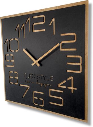 FLEXISTYLE Wall Clock Large Wood-Look Wood Digits ECO, Square Silent, Living Room, Bedroom, Made in EU (Black, 60 cm)