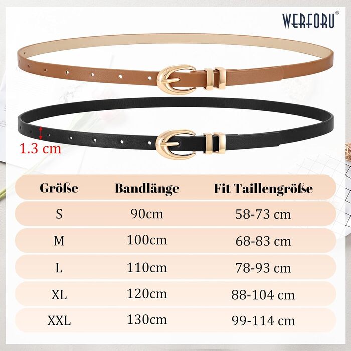 Жіночі шкіряні ремені WERFORU (2 шт.) - тонкі ремені для джинсів, штанів, суконь. Розмір 99-114 см. Золотисті та сріблясті пряжки. Чорний + коричневий кольори