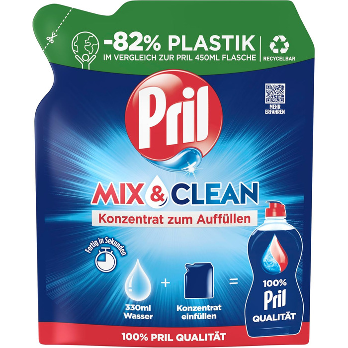 Концентрат для наповнення засобу для миття посуду PRIL Mix & Clean, висока розчинна здатність жиру, для холодної води, свіжий аромат, 9 x 120 мл