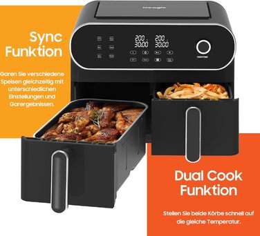 iceagle Hot Air Fryer 2 Chambers Airfryer XXL 11L - 1700 W Hot Air Fryer with 2 Compartments | Dual Zone Hot Air Fryer, 6 Cooking Functions, Touchscreen, Recipe Book Dual Basket 11L