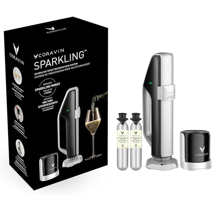Coravin Sparkling Wine Preservation System - Preserve Sparkling Wine for 4 Weeks - Sparkling Wine Saver - with pure sparkling wine CO2 gas capsules - for Champagne and other sparkling wines