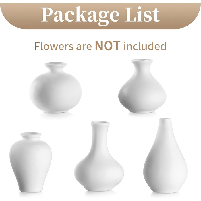 Set of 5 Small White Ceramic Vases - Mini Handmade Vases for Pampas Grass & Flowers - Modern Home Decor for Living Room, Kitchen, Office & Table