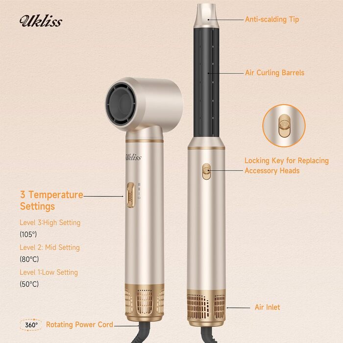Мультистайлер для волосся 6 в 1 UKLISS Air Styler Set: фен-щітка, диффузор, плойка та вирівнювач, 1000 Вт, LCD-дисплей, Срібно-золотий