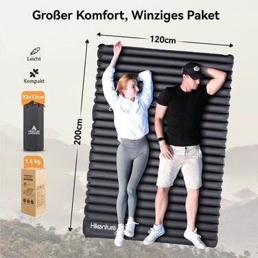 HIKENTURE Double Sleeping Pad Ultralight, Camping Sleeping Pad for 2 People Inflatable, Air Mattress Sleeping Pad Small Pack Size with Foot Pump/Pump Sack, for Travel, Outdoor, Hiking, Beach, Navy Blue (Gray 120x200cm, With Foot Pump)