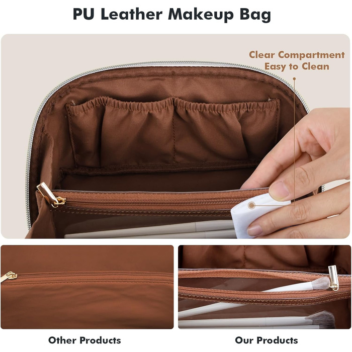 Косметичка велика містка для подорожей, водонепроникна з PU-шкіри, з прозорими роздільниками та ручкою (M, темно-коричнева)