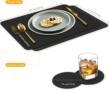 Placemat Set, 4 Pieces, Placemats with Coasters, Heat-Resistant, Scratch-Resistant, Non-Slip, Waterproof, Oil-Resistant, Washable, Wipeable, Kitchen Decoration and Kids (black, 4)