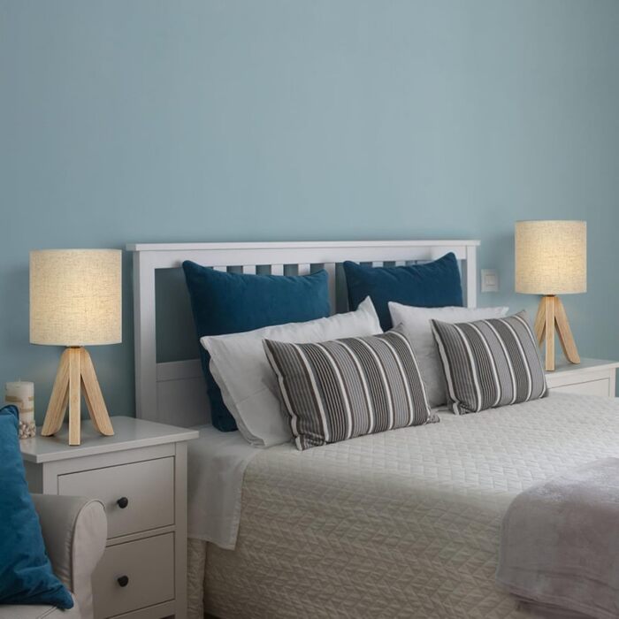 Настільна лампа LIANTRAL 2 шт., Сучасна лампа на ніжці, з абажуром з льону та дерев'яним каркасом, E27, для спальні, вітальні, гуртожитку, кремового кольору