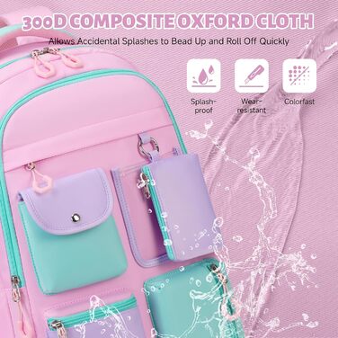 Рюкзак для дівчинки Tanou, великий шкільний рюкзак для підлітків, з тканини Оксфорд, з кількома відділеннями (рожево-зелений)