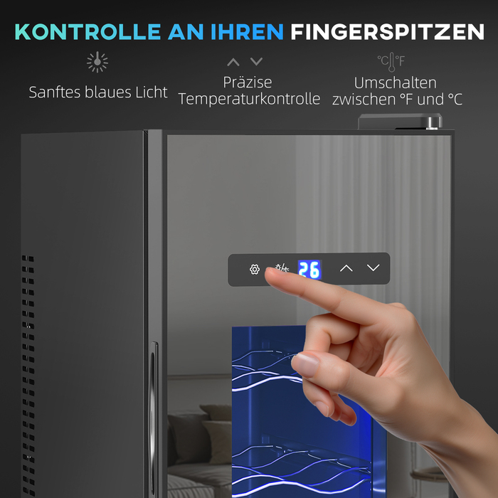 HOMCOM 12-Bottle Wine Refrigerator 30L 8-18℃ Thermoelectric Double-Layered Bottle Cooler with Glass Door, Beverage Cooler with LED Light, Small Wine Cabinet with Touch Screen Black | Aosom