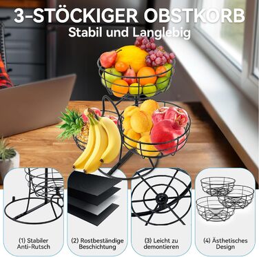 Багатоярусна підставка для фруктів Obst Etagere, чорна. 3 яруси, для кухні, вітальні, їдальні. Організація зберігання, економія місця.