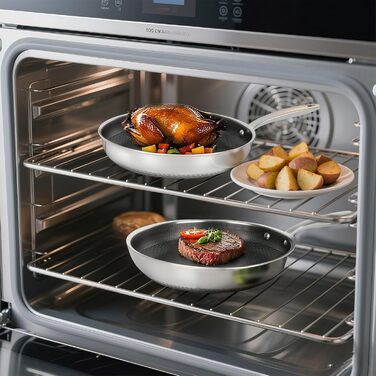 Сковорода з антипригарним покриттям 24 см з кришкою, нержавіюча сталь, безпечна для здоров'я, сумісна з усіма плитами, посуд без PFOA, срібна