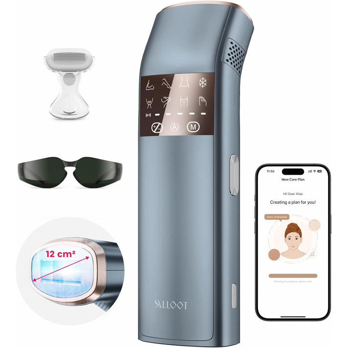 Прилад для епіляції IPL з потрійним імпульсом, 12 см², охолодження сапфіровим льодом, для жінок та чоловіків, 3°C, безболісна та довготривала епіляція вдома, для обличчя, зони бікіні та паху, блакитний