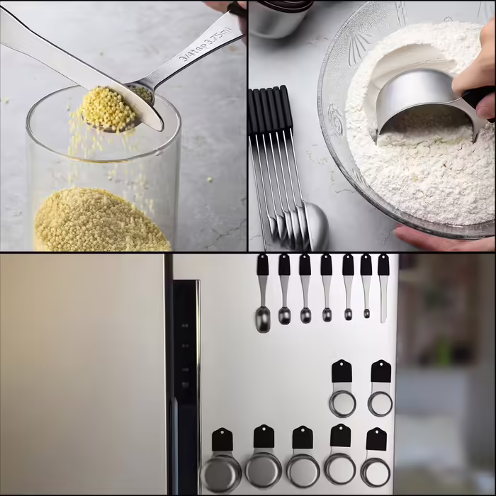 Magnetic Measuring Cups and Spoons Set Includes 7 Stainless Steel Measuring Cups, 6 Stackable Magnetic Measuring Spoons with 1 Leveler for Dry and Liquid Ingredients (Black)