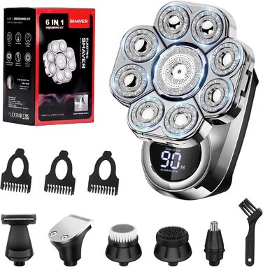 Електричний гоління для чоловіків Glatzen 9D – гоління голови, мокрого та сухого типу, водонепроникний, з LED дисплеєм, блокуванням від подорожей, набір для догляду з 6 насадками для обличчя та тіла