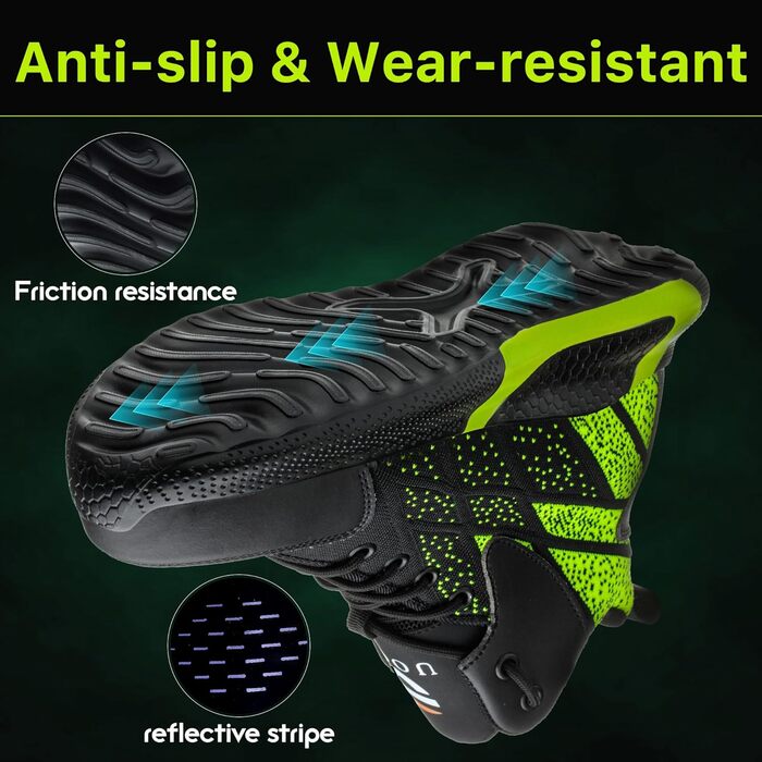 Зручні та безпечні робочі черевики для чоловіків та жінок. Дихаючі, з металевим носком, антиковзаюча підошва, спортивний дизайн, розміри 37-46 EU, колір зелений.