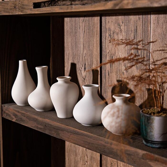 Set of 5 Small White Ceramic Vases - Mini Handmade Vases for Pampas Grass & Flowers - Modern Home Decor for Living Room, Kitchen, Office & Table
