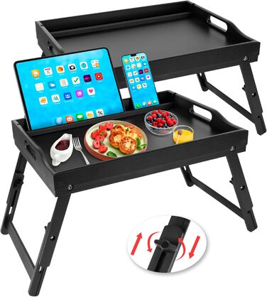 Бамбукове піднос-столик Greenual з ручками, складними ніжками, слотом для медіа, чорного кольору (2 шт.)