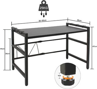 Підставка для мікрохвильової печі Todeco, 2-ярусна, чорна, з 6 гачками, регульована (36-60) x 36 x 44 см, до 25 кг