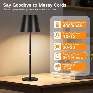 OUTON LED Настільна лампа 2 шт. Бездротова з зарядкою, сенсорне керування, 3 режими, IP54, 30 годин роботи, для дому та відпочинку, чорна