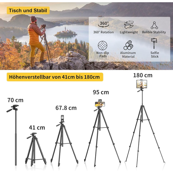 KINGJOY Штатив для камери та смартфона, 180см, з пусковим заходом, для Canon, Nikon, Action Camera, з тримачем для планшету