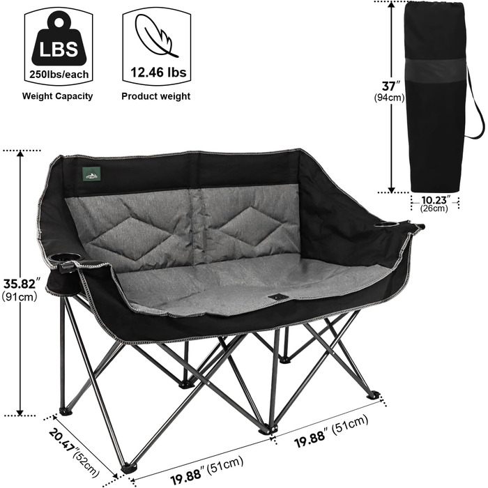 Розкладний крісло-диван Northroad для кемпінгу на 2 особи, чорний. Зручне диван-крісло для відпочинку на природі, для пікніків, пляжу, подорожей. Має підстаканники та тримач для келихів.