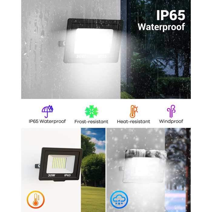 LED прожектори Nipify з датчиком руху для вулиці, 2 шт., 30W 3000Лм, IP65, холодне біле світло 6500K, кабель 100 см, для складу, саду, готелю, дворів (30W-RGB)