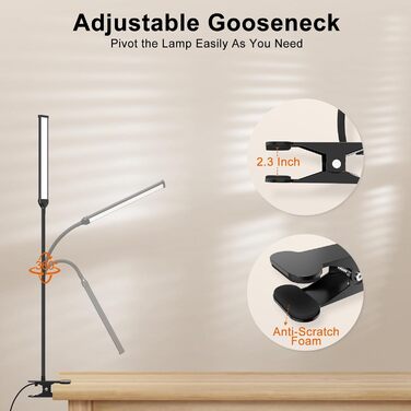 Лампа настільна LED Mojimdo 77 з пультом ДУ, 40 см, 3 кольори, 5 рівнів яскравості, гнучкий штатив, USB-зарядка, чорний