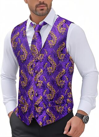 Костюмний жилет з краваткою Hi-Tie для чоловіків. Комплект з краваткою, краваткою-скрепкою та нагрудником. Ідеально для весілля, формальних заходів та смокінгу. Колір: фіолетовий та золотий.
