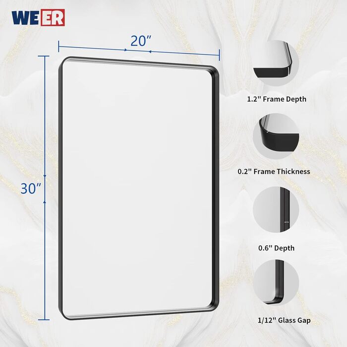 WEER Дзеркало для ванної кімнати чорного кольору з металевим каркасом, 61 x 81 см, прямокутне, з закругленими кутами, з загартованого скла, антикорозійне (Матове чорне, 76.2L x 50.8B cm)