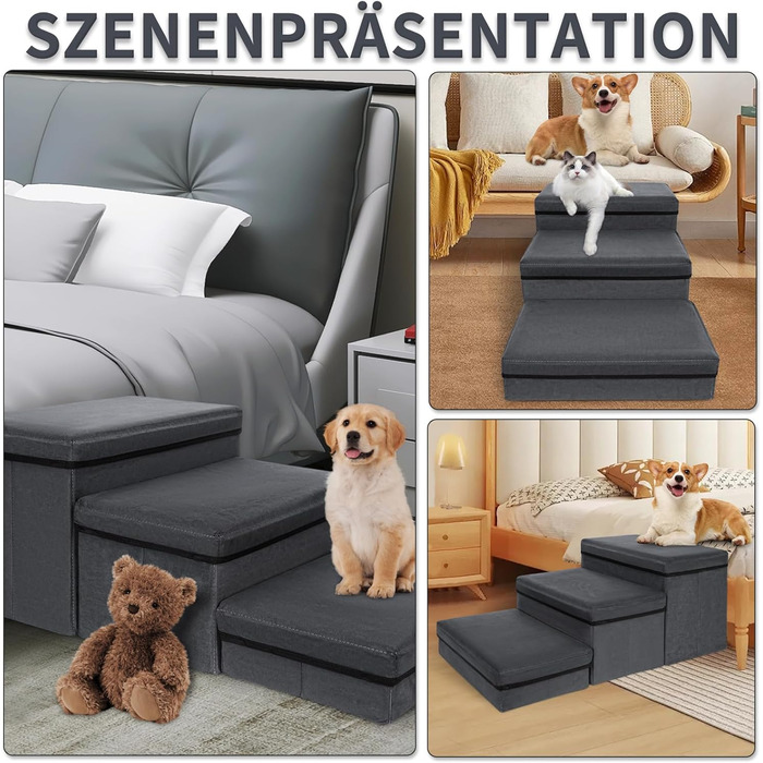 Сходинка для тварин Haustiertreppe: компактна складна сходинка для собак та котів, 3 сходинки, сіра, вантажопідйомність 30 кг