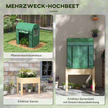Outsunny Wooden Raised Garden Bed with Greenhouse 86x60x165cm, Elevated Cold Frame with Fleece for Herbs & Vegetables, Natural/Green