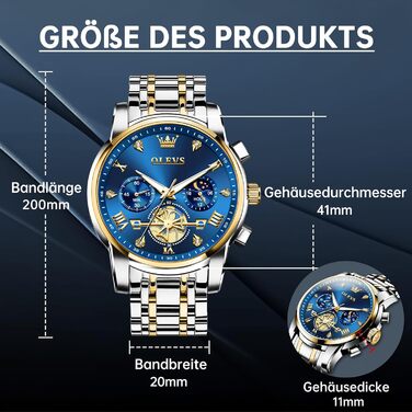 Чоловічий годинник-хронограф OLEVS: водонепроникний кварцовий годинник зі сталевим ремінцем (золото-срібло) та синім циферблатом, бізнес-стиль