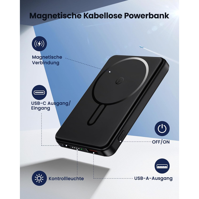 Power Bank 12000mAh з MagSafe, Магнітний Пауербанк Швидка Зарядка QC4.0 22,5W PD20W USB-C, Бездротовий Акумулятор для iPhone 16/15/14/13/12, Чорний