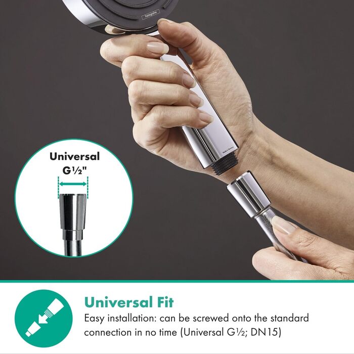 hansgrohe Raindance Select S - water-saving showerhead 9 l/min (EcoSmart), hand shower with 3 spray patterns, round shower head (⌀ 120 mm), water-saving showerhead with anti-limescale function, (showerhead incl. PowderRain + hose, Chrome, showerhead incl. PowderRain + hose)