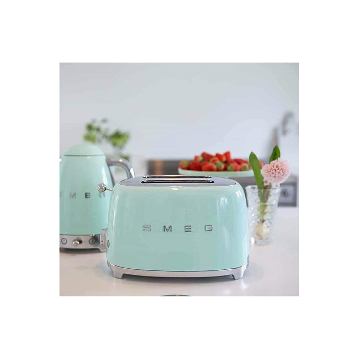 Тостер Smeg TSF02PBEU - 2 відділення для 4 скибочки хліба, 6 рівнів підсмажування, функція підігріву, розморожування та Bagel, знімний піддон, 1500W, пастельно-блакитний (пастельно-зелений)