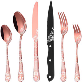 36-Piece Rose Gold Flatware Set for 6 People, HONKKU Stainless Steel Cutlery Set with Steak Knives, Polished Mirror Finish Cutlery Set with Floral Patterns, Fork Spoon Knife Set Dishwasher Safe