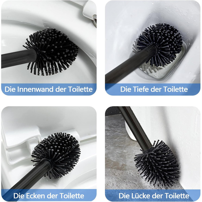Силіконова щітка для унітазу Klobürste з нержавіючої сталі, чорна матова, з швидковисихним тримачем та 2 змінними насадками