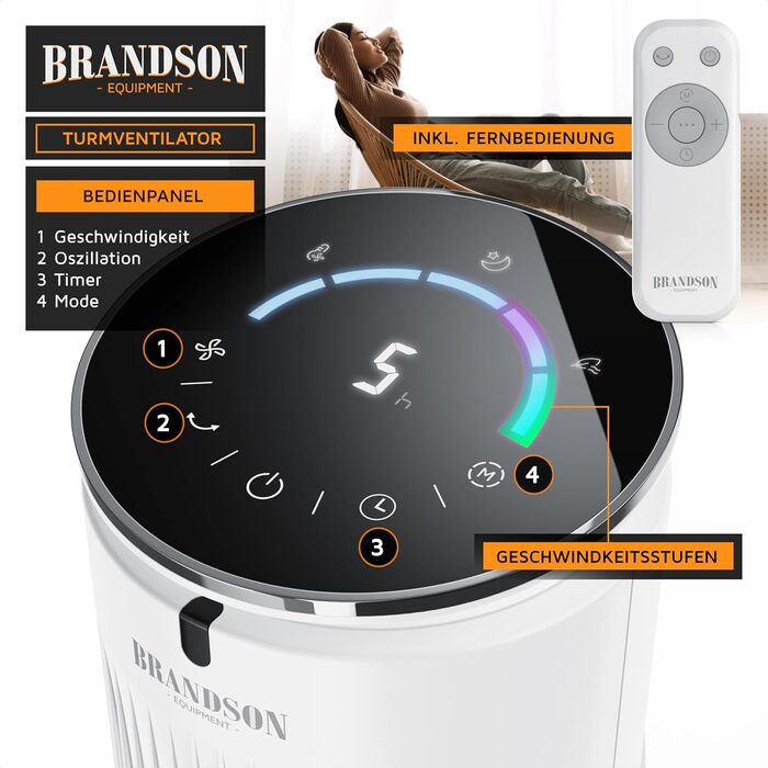 Вентилятор вежний Brandson з пультом, аромадифузором, нічним режимом та таймером - білий