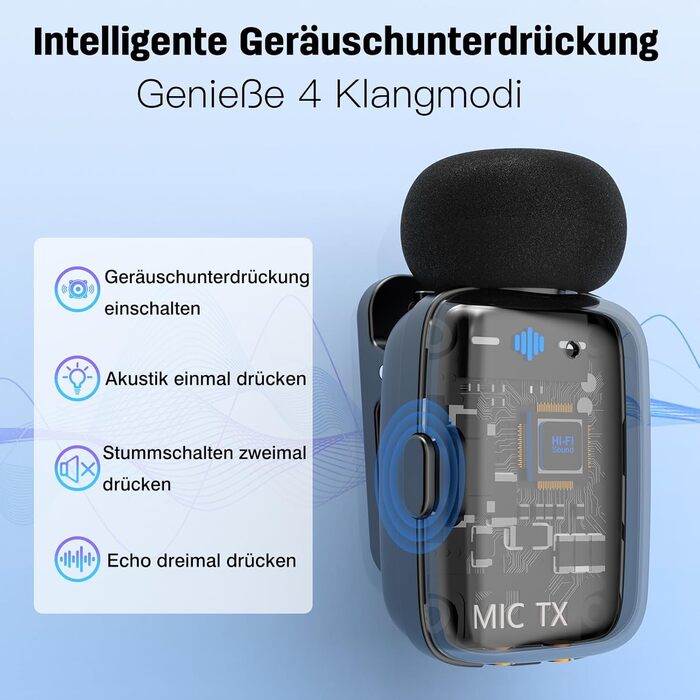 Мікрофон ZealSound M6 бездротовий для iPhone, Android, iPad: USB-C/Lightning, шумозаглушення, 33 години роботи, 100м, для Vlogging, TikTok, Podcast, YouTube, чорний/прозорий