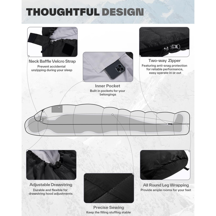 Сплячий мішок Sportneer - компактний та ультралегкий (950г/1500г) - кокон для кемпінгу та подорожей. 3-4 сезонний спальний мішок для чоловіків, жінок та дорослих. Чорний колір.