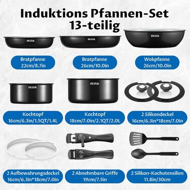 BEZIA 13-Piece Ceramic Nonstick Cookware Set - Induction Compatible Pots and Pans for All Cooktops, Stackable, Dishwasher & Oven Safe