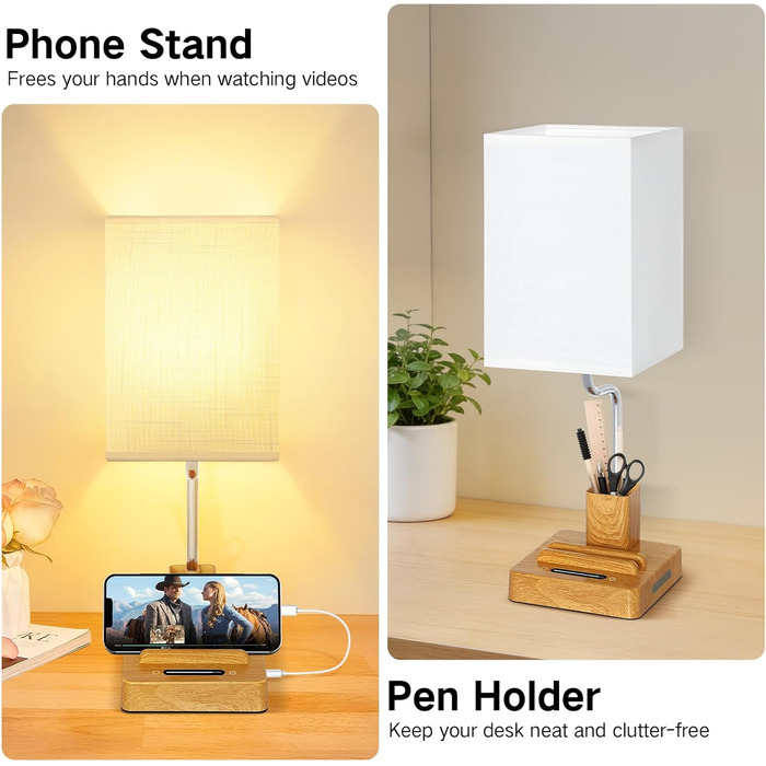 Настільна лампа світлодіодна OUTON 8000mAh бездротова з підставкою для ручок, акумуляторна, тканинний плафон, 3 режими світла, сенсорне керування, димування, індикатор заряду