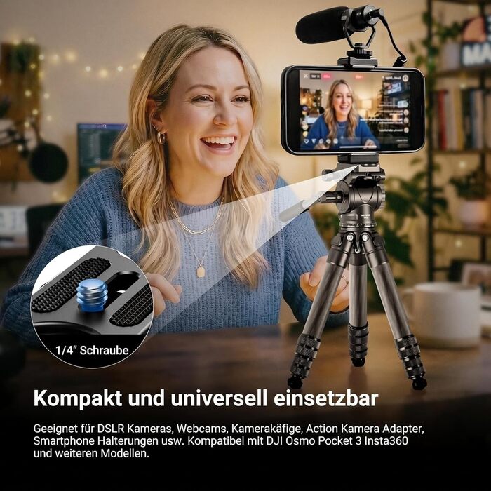 Міні-штатив NEEWER з карбонового волокна (TP10) для DSLR камери, смартфона та відеокамери, з кулястою головою 360°, тримачем для телефону та пультом керування, компактний дорожній штатив