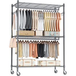 Double Clothes Rack/Garment Rod with Adjustable Shelves, Heavy-Duty Clothes Rack with 2 Hooks, Clothes Rack with Wheels, 90 * 42 * 205cm, White (Gray, 90*42*205cm)