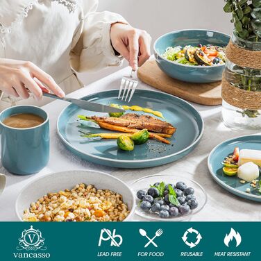 Набір посуду Vancasso SESAM Serie (16 предметів) – керамічний сервіз для 4-12 осіб, скандинавський дизайн (темно-сірий, сірий, блакитний, зелений)