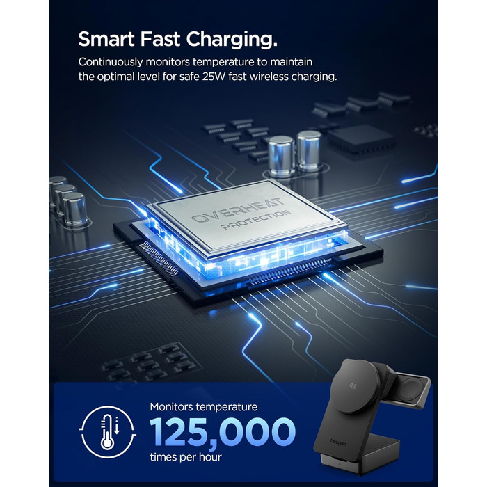 Зарядна станція Spigen Essential Qi2.2 25W 3-в-1 MagSafe для iPhone 17/16 Pro Max, Pixel 10 Pro, AirPods, Samsung Galaxy S26 Ultra - Чорна + USB-C кабель 2м